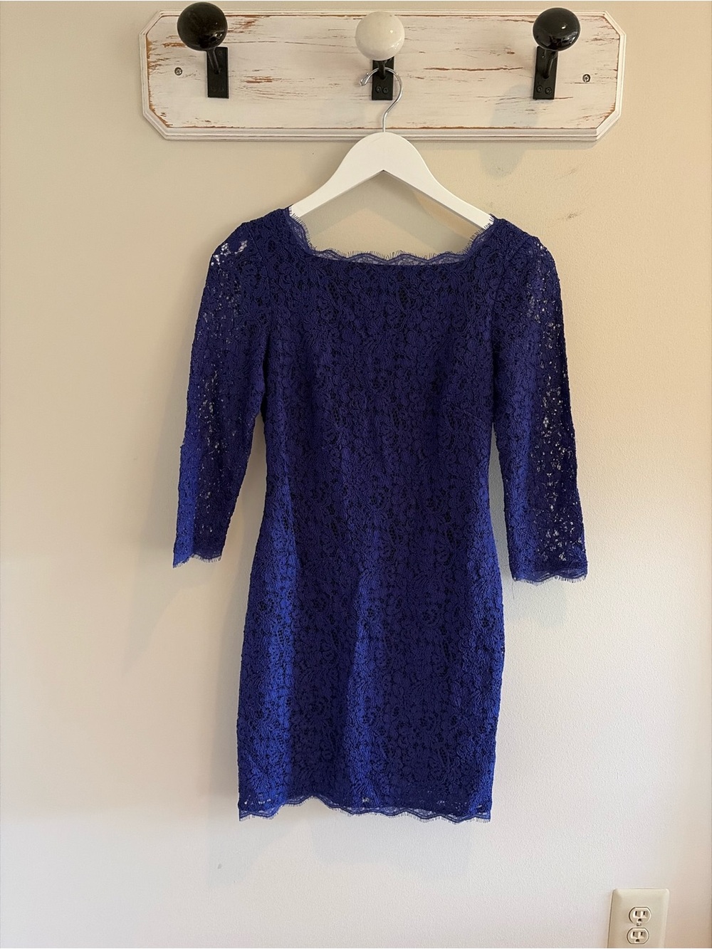 Adrianna Papell Royal Blue Lace Sheath Dress with Three-Quarter Sleeves